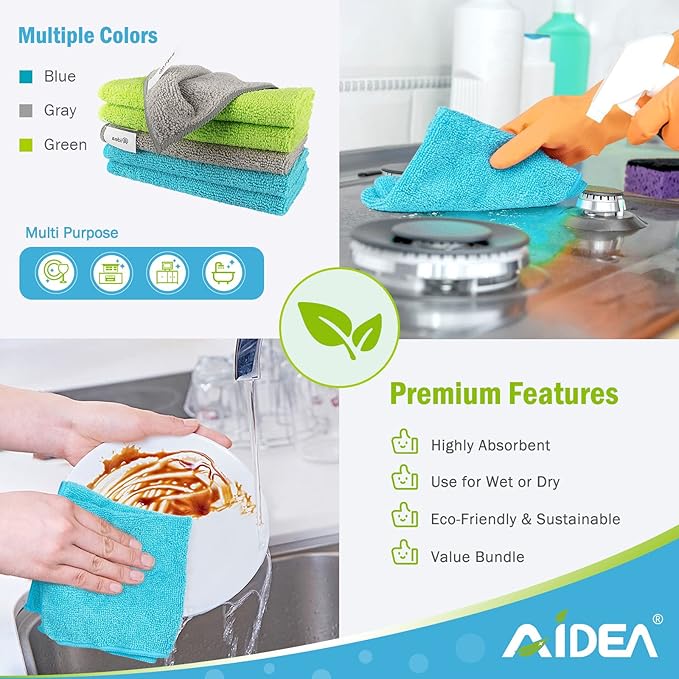 AIDEA Microfiber Cleaning Cloth-12PK, Soft Microfiber Towels for Cars, Absorbent Cleaning Rags, Lint-Free Streak-Free Wash Cloths for House, Kitchen, Window(12in.x12in)