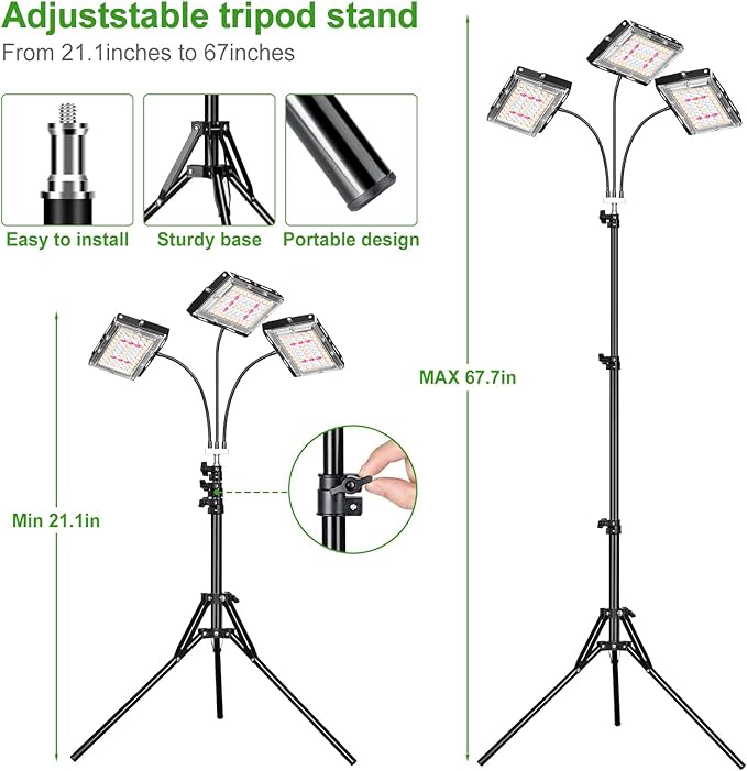 LBW Grow Light with Stand, Tri-Head LED Plant Light for Indoor Plants, Full Spectrum 150 LEDs, 3/6/12H Timer, 6 Dimmable Levels, 3 Switch Modes, Adjustable Tripod Stand 15-63 inches