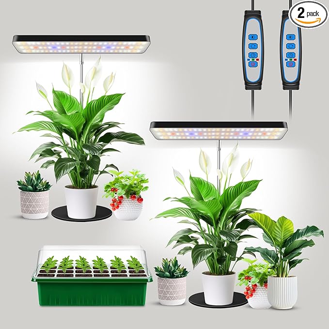 Aumtrly Grow Light, Full Spectrum Desktop Plant Lights for Indoor Growing Seedling 2 Pack, Large Area Lighting LED Grow Lamp with Base, Height Adjustable 26 Inch Black with 6/12/16H Timer