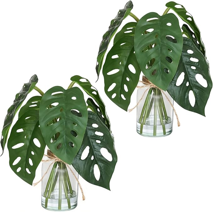 Muhanjia Artificial Flowers Turtle-Back, Alocasia Leaf, in Glass Vase with Faux Water,7Pcs Artificial Leaves Real Touch Latex Leaves for Centerpiece (2, Turtle-Back Leaf)