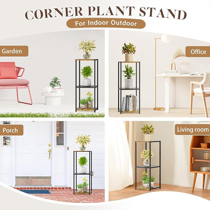 KMOTASUO 3 Tier Tall Plant Stands Indoor, 31 Inch Metal Wood Corner Plant Stand for Indoor Plants, Square Flower Pot Holder Shelf Display Rack for Balcony Garden Patio Living Room(Rustic Brown)