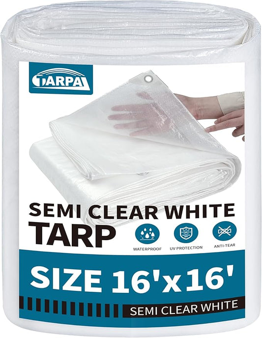 TARPAL 16'x16' Semi Clear White Tarp Waterproof Green House Cover with Grommets 7.5mil Clear Poly tarps for Gardening,Farm, Garden,Chicken Coops，Outdoor