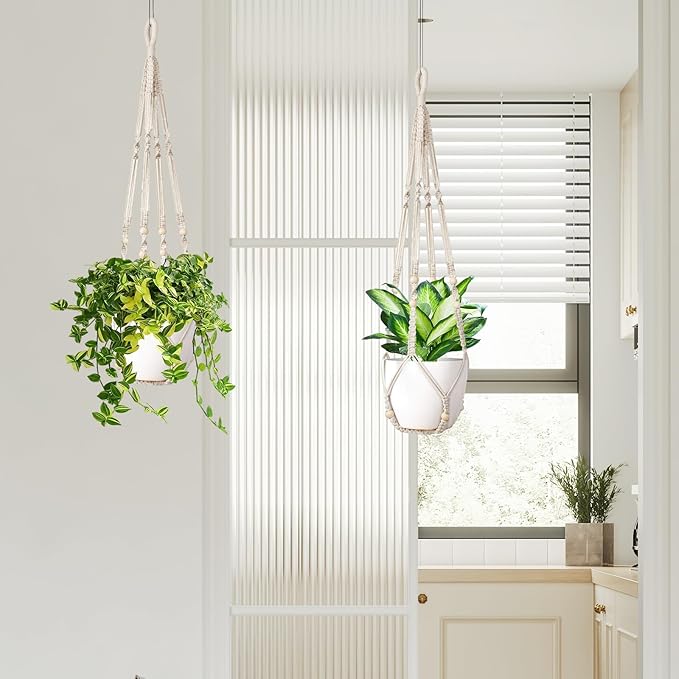 LEWESU Macrame Plant Hanger Indoor Set of 2 with 4 Hooks, Indoor Outdoor Hanging Planter for Plants Holder with Decorative Wood Beads & No Tassels, Boho Home Decor, 35 Inch Ivory (Pots Not Included)