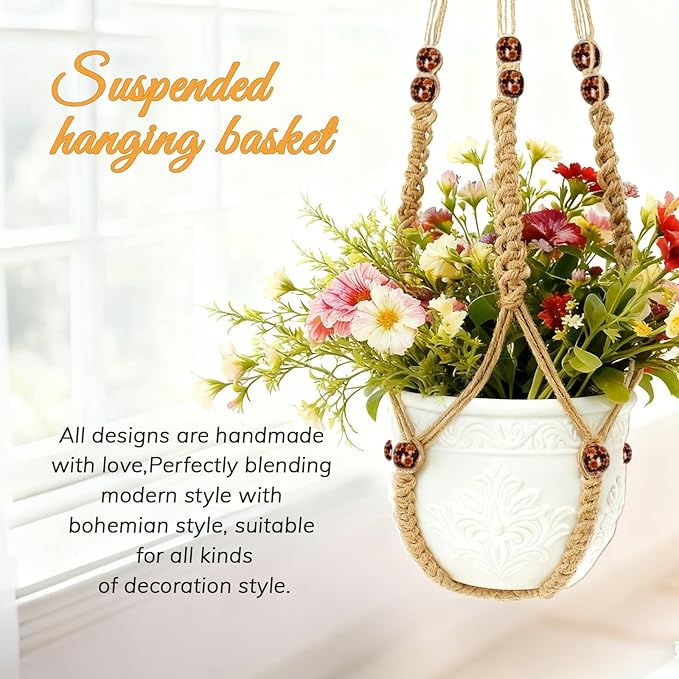 HOREAKHJ 35 Inch Macrame Plant Hanger, Large for up to 15 Inch Pot Extra Long Hanging Planter Holder Basket with Wood Beads for Indoor Outdoor Home Decor (Brown, 1-Pack)