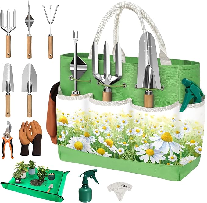 22Pcs Garden Tools Set for Women,Heavy Duty Hand Tool Kit with Large Tote Bag/Repotting Mat/Trowel/Rake/Pruner/Gloves/Plant Tags,Gardening Gifts for Mom Gardener Beginner-Green