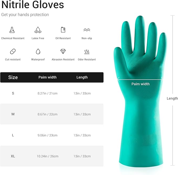 ThxToms 10 Pairs Nitrile Chemical Resistant Gloves, 15mil,13", Reusable Latex Rubber Free Heavy Duty Gloves, Acid Alkali Oil Protection, Industrial Use and Household Cleaning, Non-Slip, Small