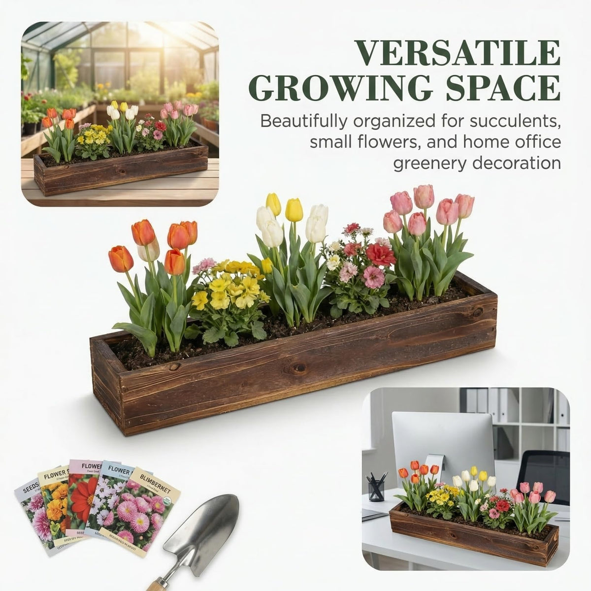 BESPORTBLE Rustic Wooden Rectangle Planter Box: Rectangular Succulents Plant Container Wood Window Box for Farmhouse Home Wedding Garden, 19.5 * 3.58 * 2.8inch