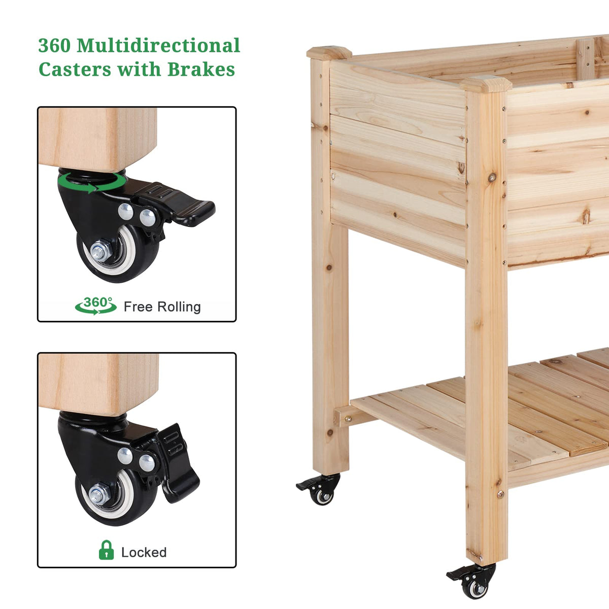 VINGLI 45.7"x22.4"x32.4" Elevated Raised Garden Bed Outdoor, Heavy Duty Wood Planter Box with Legs, Bed Liner Included, for Vegetables, Fruits, Sturdy Long Lasting Planter Box (Nuture - with Wheel)