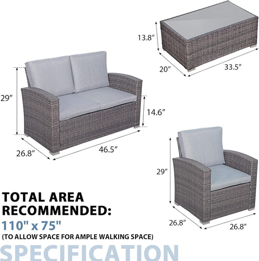 HTERWQEA Patio Furniture Set 4 Piece, Outdoor Wicker Conversation Set, Rattan Seating with Soft Cushions for Small Space Balcony Backyard Lawn, Tempered Glass Coffee Table