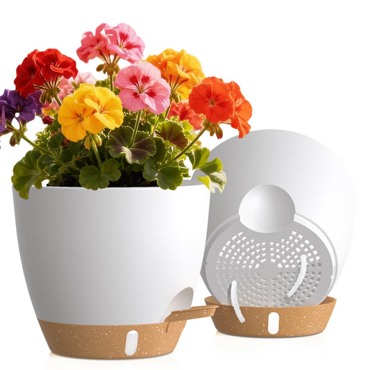 KUGAZ Self Watering Pots with Drainage Holes, 2 Pack 8 Inch Plant Pots with Water Level Indicator Deep Reservoir, Large Plastic Planter for Indoor Outdoor Plants - White Brown