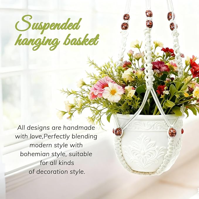 HOREAKHJ 35 Inch Macrame Plant Hanger, Large for up to 15 Inch Pot Extra Long Hanging Planter Holder Basket with Wood Beads for Indoor Outdoor Home Decor (Ivory, 1-Pack)