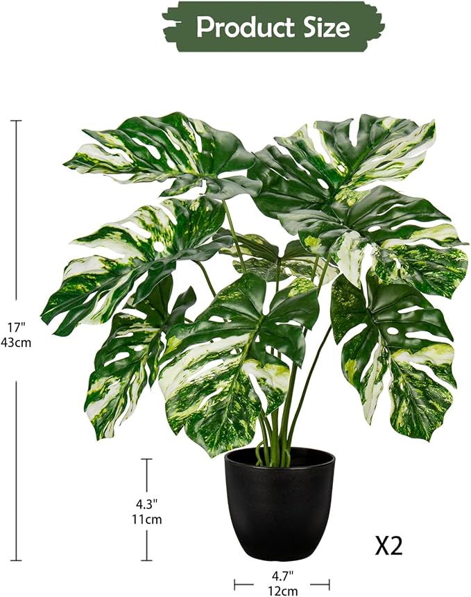 Hollyone Artificial Monstera Plant 17" Faux Monstera Deliciosa Plant in Black Pot Fake Swiss Cheese Tropical Plant Potted for Indoor Outdoor Floor Home Office Living Room Decor, 2 Pack