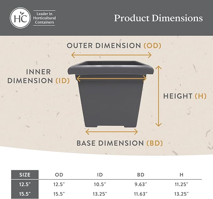 The HC Companies Accent Square Plant Pot w/Drainage - Classic Planters for Outdoor Plants & Indoor Plants - Lightweight & UV-Resistant Square Planter Box (15.5”, Warm Gray, Pack of 1)