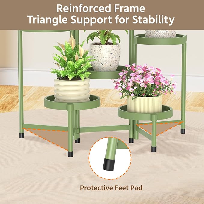 LASZOLA 6 Tiered Folding Plant Stand Indoor for Multiple Large Planter, Tall Heavy Duty Adjustable Rack with Rust Proof Plastic Shelving, Sturdy Vertical Tree Organizer for Narrow Inside Floor, Green
