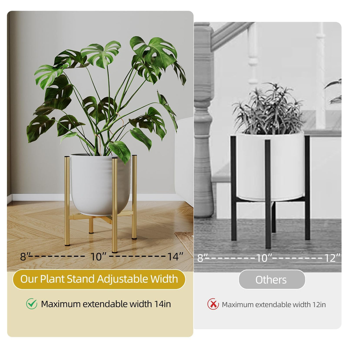 Rioneta Adjustable Metal Plant Stand Indoor, Fits 8-14 Inch Pots, Mid Century Modern Gold Planter Holder,2 Heights, Heavy Duty 160 lb, Indoor Outdoor Corner Floor Pot Stand, Golden 2 Pack