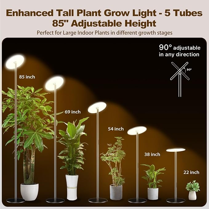 AJABotanics Grow Light for Indoor Plants 60W Full Spectrum LED, 85" Adjustable Standing Plant Light, Tall Grow Light with Timer & 10-Level Dimmable, Ideal for Large Plants & Indoor Trees