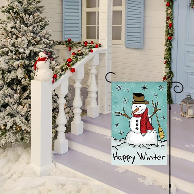 Morigins Happy Snowman Primitive Winter Yard Flag Double Sided Decorative Let it Snow Garden Flag 12.5x18 Inch