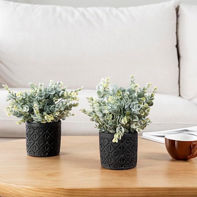 MyGift Artificial Eucalyptus Plant in Modern Gray Concrete Pots with Geometric Embossed Pattern (2, Black)