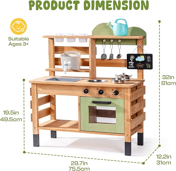 ROBOTIME Mud Kitchen, Outdoor Play Kitchen for Kids – Wooden Mud Kitchen Pretend Playset with Removable Sink & Chalkboard, Cooking Accessories, Gift for Boys Girls Ages 3+