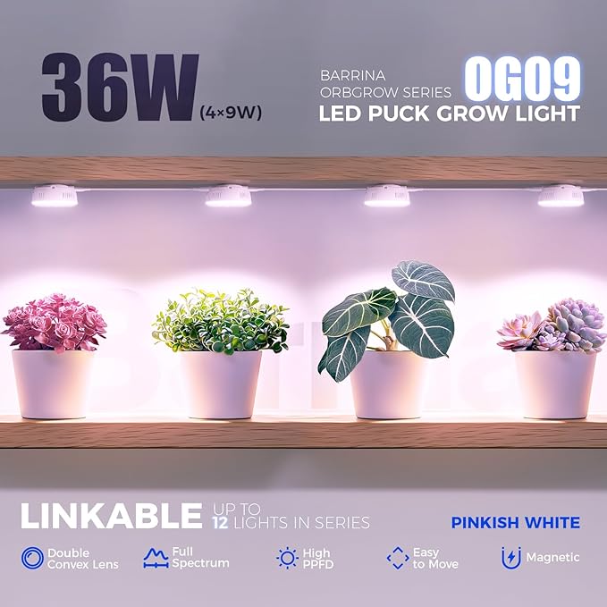 Barrina Orbgrow OG09 Puck Grow Light with Timer, Pinkish White 36W(4 x 9W, 540 Watt Equiv), Full Spectrum Plant Light for Indoor Plants, Magnetic & Linkable, 5 Levels Dimmable for Plant Shelf, 4 Packs