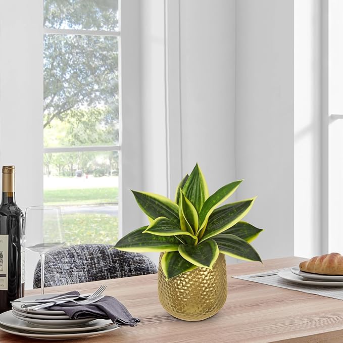 Hollyone Artificial Snake Plants 9" Faux Agave Succulent Plant Potted in Gold Metal Pot Fake Sansevieria Aloe Tropical Plant for Desk Modern Office Home Bathroom Indoor Outdoor Decor