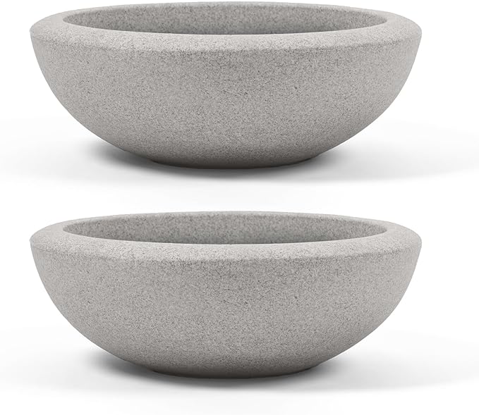 ARBORA 21" Santorini Bowl 2-Pack with Stone Blend Concrete Gray Finish - Polyresin Indoor and Outdoor Planters, Durable, Weatherproof, Lightweight, Large Plant Pots for Patio, Garden, Deck, Entryway