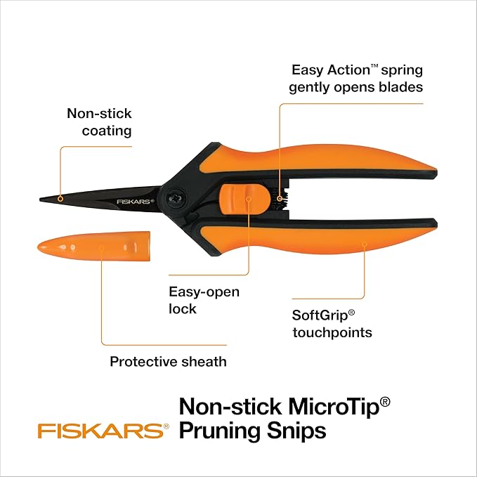 Fiskars Micro-Tip Rose Pruning Shears, 6" Garden Shears Non-Stick Coated Stainless Steel Blade, Gardening Scissors with SoftGrip Handle