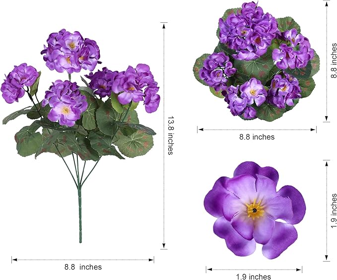 Artificial Geranium Fake Flowers for Outdoors Decoration, 6 Bundles Silk Geraniums Flower UV Resistant Look Real Faux Plants for Outside Planter Front Door Garden Patio Balcony Yard Home, Purple