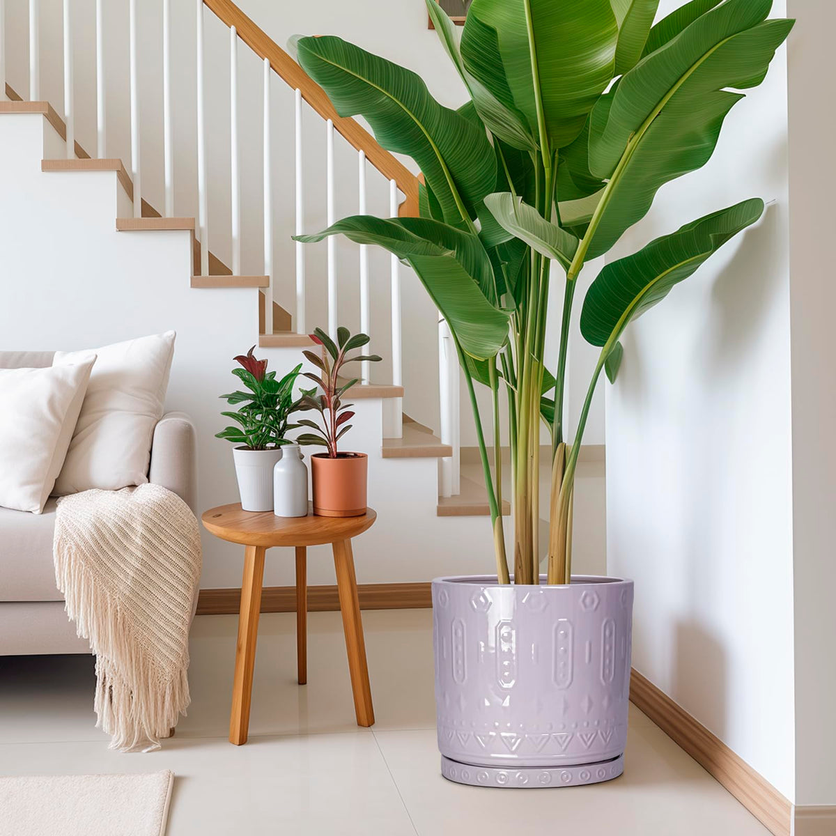 Eightpot Ceramic Plant Pots, 12 Inch Pots for Plants Indoor Outdoor, Round Planter with Drainage Hole and Tray, Modern Decorative Flower Pot, Home Apartment Decor, House Warming Gifts, Purple