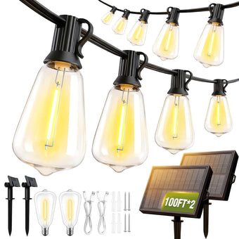 Skoiuc 200FT Solar String Lights Outdoor Waterproof with Remote & Timer, LED Shatterproof ST38 Bulbs, USB & Solar Powered Patio Lights for Backyard, Porch, Garden, Wedding, Christmas Decor