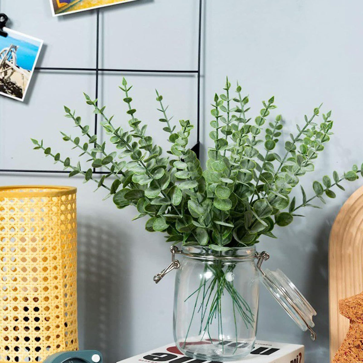 ABAJI Plastic Eucalyptus White Stems 12 Fake Faux Decorations Artificial Leaves Greenery Plant Leaf Home Office House Table Desk Decor Wedding Party Vase Forever Live