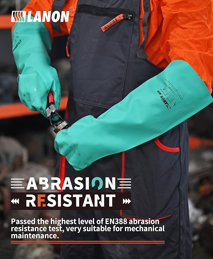 LANON Nitrile Chemical Resistant Gloves, Reusable Heavy Duty Safety Work Gloves, Acid, Alkali and Oil Protection, 18" Length, Non-Slip, XX Large