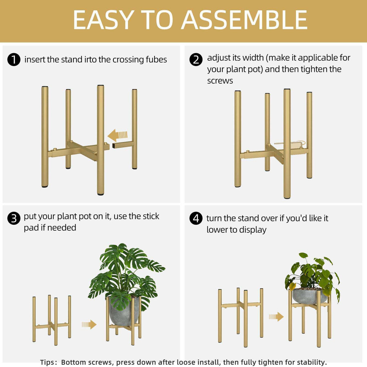 Rioneta Adjustable Metal Plant Stand Indoor, Fits 8-14 Inch Pots, Mid Century Modern Gold Planter Holder,2 Heights, Heavy Duty 160 lb, Indoor Outdoor Corner Floor Pot Stand, Golden 2 Pack
