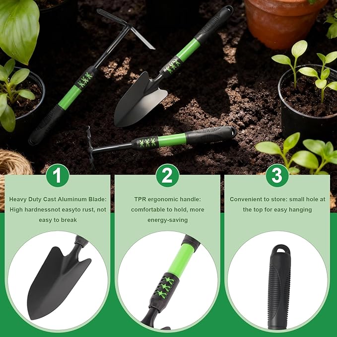 Garden Tool Set, 3 Pack Gardening Tools, Stainless Steel Heavy Duty Hand Cultivator, Hoes, Shovel, for Planting Weeding Digging, Green