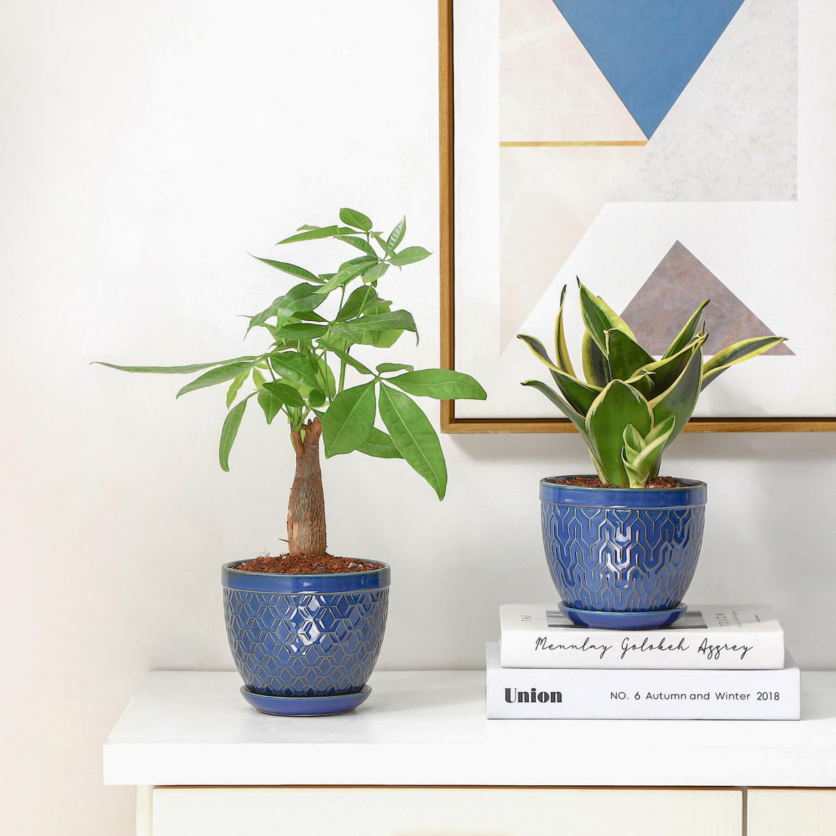 Sureasy Ceramic Indoor Plant Pots - 5.6 Inch Flower Pots for Plants with Drainage Hole and Saucer, Embossed Planter for Succulents, Orchid, Cactus, Indoor Home Decor, Set of 4, Blue