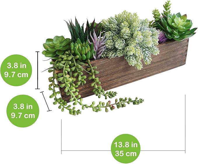 Winlyn 15" Assorted Artificial Succulent Arrangement Assorted Succulents in Rectangular Wooden Planter Faux Potted Plant for Farmhouse Table Centerpiece Windowsill Shelf Desk Mantel Greenery Décor