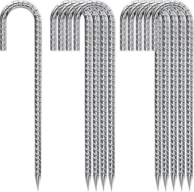 J Hook Rebar Stakes 12 Inch, Ground Stakes for Camping Tent Heavy Duty 10 Pack Rust Proof Coated Metal for Flower Gardens Landscape Fabric Pins Dog Fence