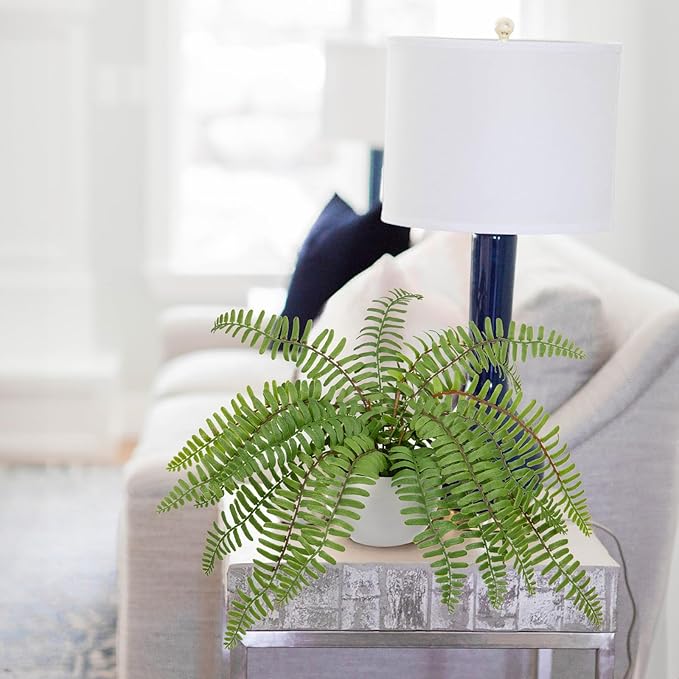 Hollyone Artificial Fern Potted Plant for Outdoors Indoors Lifelike Faux Boston Fern Artificial Plants in White Pot for Garden Patio Home Farmhouse Windowsill Office Decoration