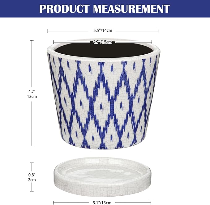 Ceramic Pot for Plants, 5.5 Inch Planter with Saucer and Drainage Hole for Indoor Plants, Ice Crack Vintage Flowers Plant Pots for Succulent Orchid Snake Plants Flower (Blue)
