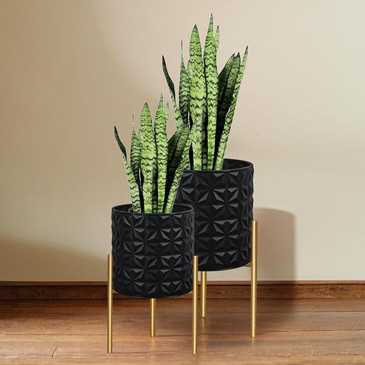 ARNIS Modern Planter Pots, Set of 2 Large Planters with Stand, Decorative Planters, Metal Pots with Drainage Holes for Living Room, Office, Garden or Balcony, 10.5 &12.25 Inch, Matte Black