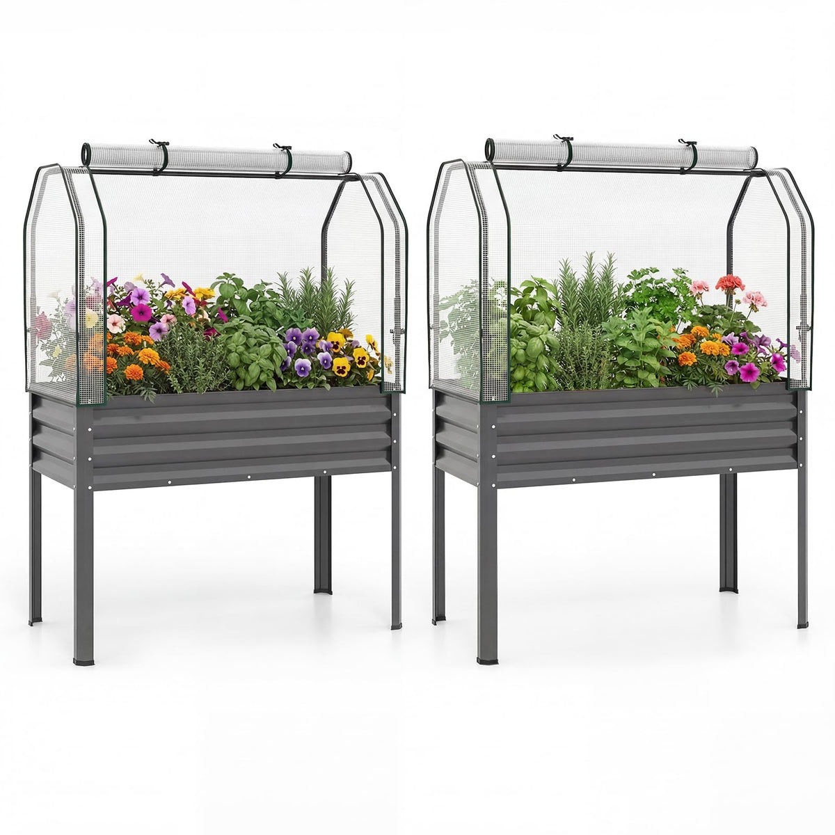 GIANTEX Raised Garden Bed with Legs & Greenhouse Cover, 44x22x60 Elevated Metal Planter Box with Roll-up Door, Outdoor Mini Greenhouse for Vegetable Flower Herb Patio Balcony (Gray,2)