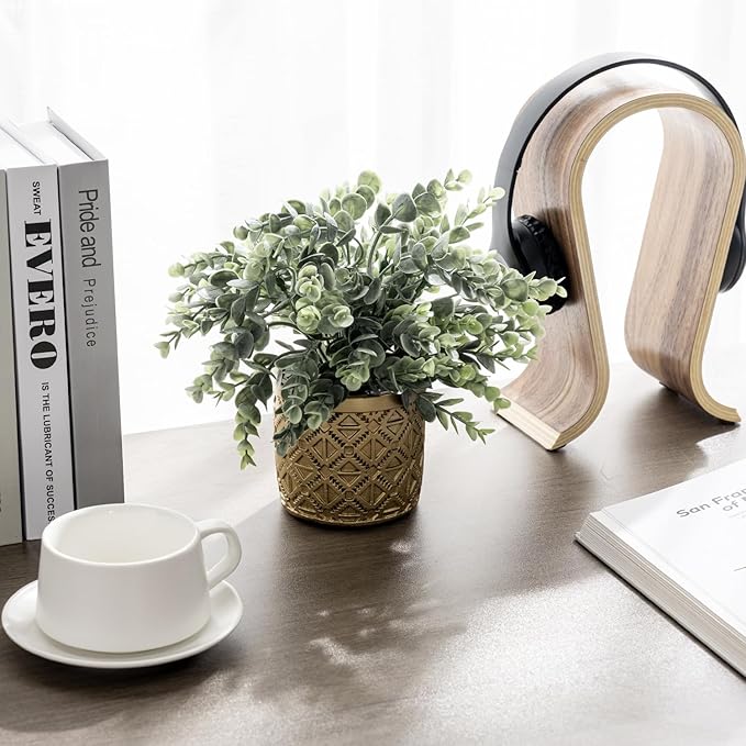 MyGift Artificial Eucalyptus Plant in Modern Gray Concrete Pots with Geometric Embossed Pattern (1, Gold)