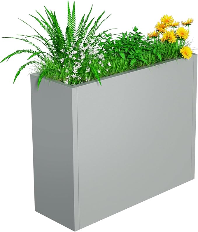 POOAMY Metal Planter, 30L x 10W x 24H, Heavy Duty Tall Planters for Outdoor Plants, Planters with Removable Insert Shelf, Large Planters with Drainage Holes for Porch, Patio and Yard, Grey