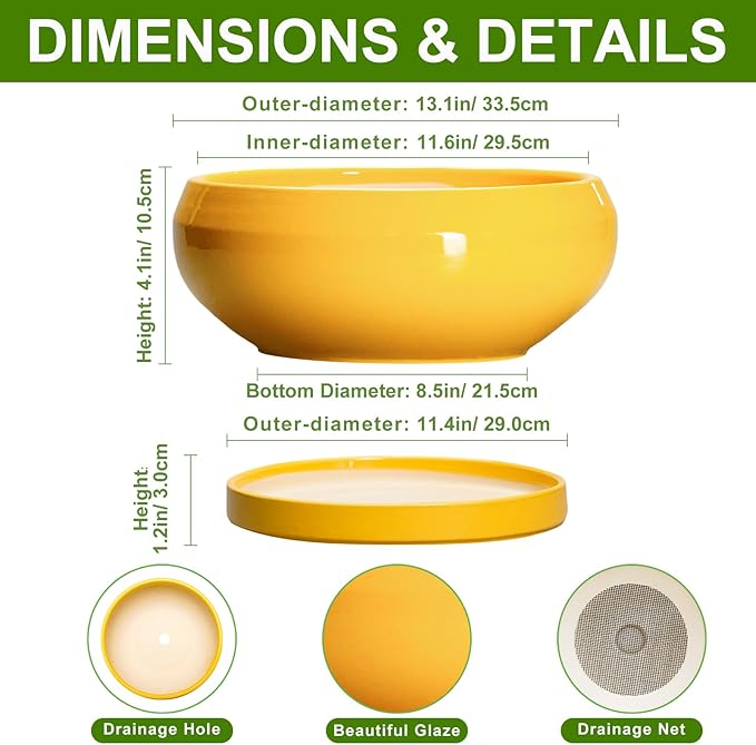 EPFamily Ceramic Bonsai Pots - 13 Inch Large Succulent Pots with Drainage Hole and Saucer, Bonsai Planter for Indoor Outdoor, Round Shallow Bowl Planter, Garden House Decor, Plant Lover Gifts, Yellow