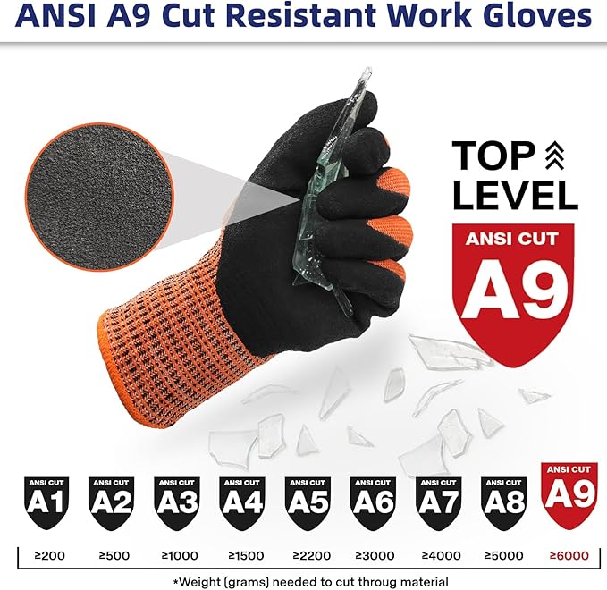 Schwer ProGuard Highest Level Cut Resistant Work Gloves PR3326 for Extreme Protection，ANSI A9 Cut Gloves with Reinforced Thumb, Non Slip, Non PFAS, Durable, Touch-screen, Orange 2 Pairs（L）