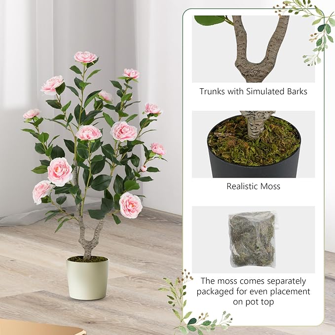 Goplus 36’’ Artificial Camellia Tree, Flower Plants Artificial Tree, Faux Floral Plant Blooming Tree in Nursery Pot, Greenery Potted Plant for Indoor Office Home Porch Decor, Pink