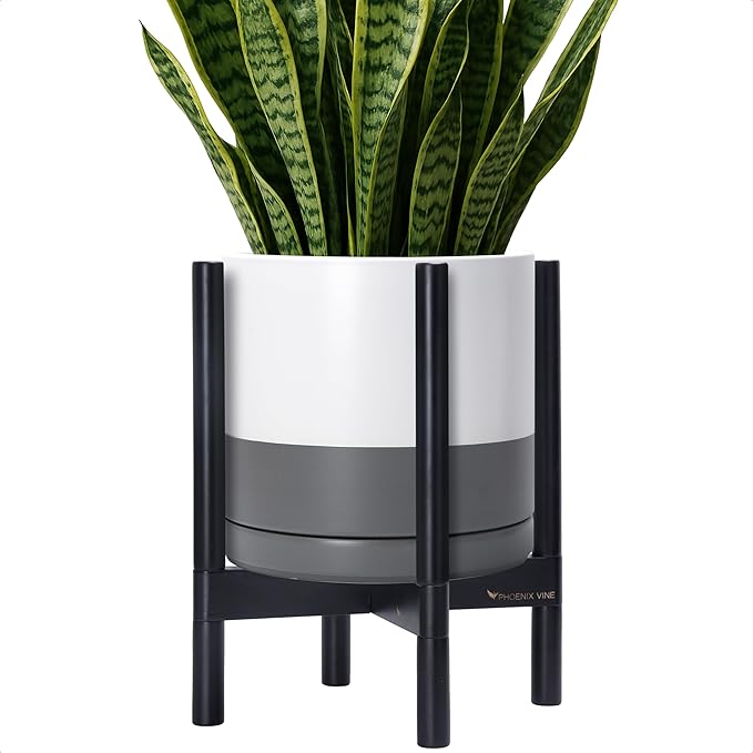 D'vine Dev Ceramic Planter with Ebony Stand - 12 Inch Modern Round Flower Pot with Wood Planter Holder, White/Grey, 55-B-H-6