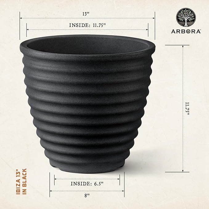 ARBORA 13" Ibiza Polyresin Indoor and Outdoor Planter with Classic Black Finish - Durable, Weatherproof, Lightweight, Large Plant Pot for Patio, Garden, Deck, Entryway