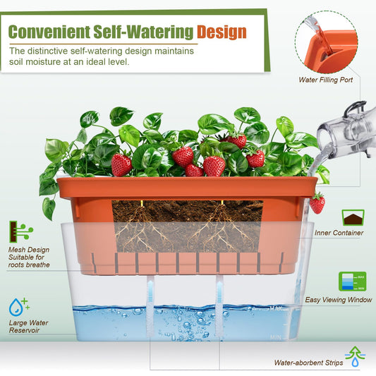 OurWarm Self Watering Pots for Indoor Plants, 6 Pack 10.5 Inch Plastic Window Herb Planter Box with Water Level Indicator, Modern Decorative Windowsill Planters for Herbs, Flowers, Seedlings