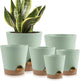 Indoor Self Watering Planters with Drainage Holes and Saucers, 8, 7, 6.5, 6, 5.5, 5 Inches, Green, 6 Pots.